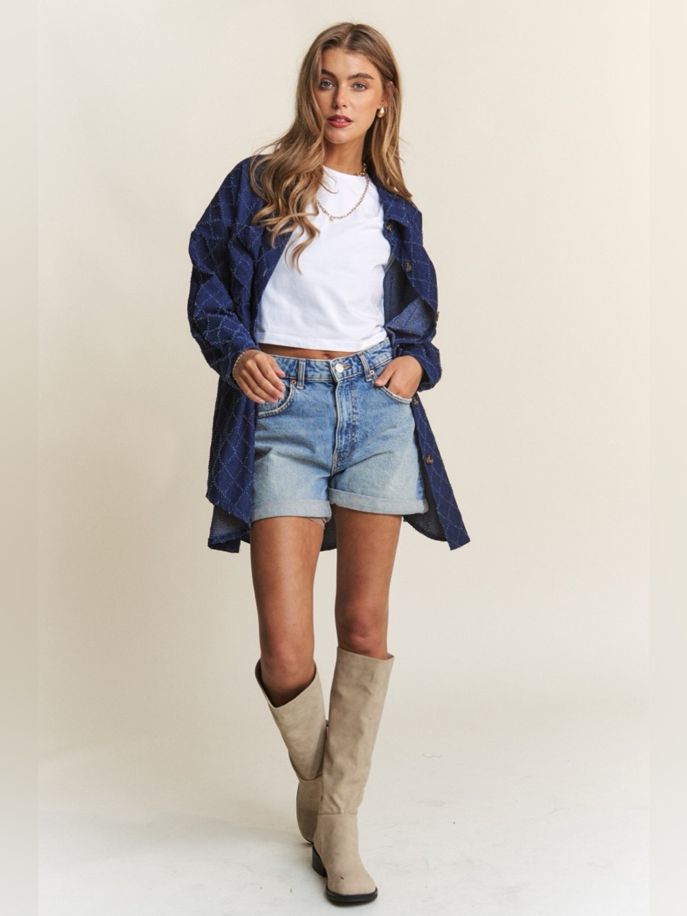J.NNA Rhombus Stitched Button Up Denim Shacket - Picture 5 of 5